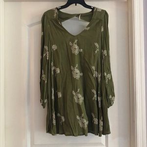 Free People Olive Green Mini Dress with Cream Floral Embroidery